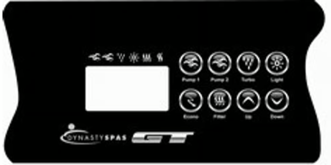 Replacement Dynasty k-85 topside control overlay     With Dynasty GT logo .  Used in with in.xe systems part 14299  Protects the topside controller  Replace your worn , damaged overlay  Dynasty replacement topside control overlay. Upgrade your spa or hot tub with the Dynasty K-85 Topside Control Overlay featuring the iconic Dynasty GT logo. Compatible with in.xe systems using the k-85 topside control , this replacement part 14299 adds a touch of sophistication and personalization to your spa experience.  But it's not just about aesthetics. The K-85 overlay serves an important function - protecting your topside controller from wear and tear. Over time, constant use and exposure to elements can cause damage to your original overlay, making it difficult to read or operate properly.  With the Dynasty K-85 Topside Control Overlay, you can easily replace your worn or damaged part without having to replace the entire topside controller. This not only saves you time and money, but also ensures that your spa remains in top working condition.  The overlay is designed to fit perfectly on your existing topside control, ensuring a seamless transition and hassle-free installation process. Made from high-quality materials, it can withstand daily use and exposure to water and chemicals without deteriorating.  In addition to its durability, the K-85 overlay features an easy-to-read design with clear labels for each function. This makes it easier for users to navigate through the various settings and programs of their spa without any confusion.  Upgrade your spa experience with the Dynasty K-85 Topside Control Overlay today. Not only will it enhance the functionality and aesthetics of your spa, but it will also provide you with peace of mind knowing that you have a reliable and durable control panel at your fingertips.  Looking for other accessories to improve your spa experience? Check out our range of hot tub covers, filters, and chemicals to keep your spa clean and well-maintained. We also offer a variety of spa steps and handrails to make getting in and out of your spa safe and easy.  At Western Tub and Pool we are committed to providing our customers with high-quality products that enhance their relaxation and enjoyment. Our team is dedicated to constantly innovating and improving our products, ensuring that every spa owner has the best experience possible. Upgrade your spa today!