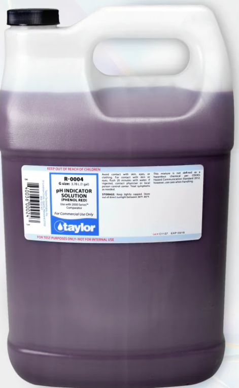H Indicator Solution (2000 Series), Phenol Red, 1 Gal. Bottle Achieve Perfect Pool Balance with Taylor pH Indicator Phenol Red! Keeping your pool or spa water safe and sparkling has never been easier. The Taylor pH Indicator Phenol Red is an essential tool for measuring pH levels with precision. Whether you’re testing pool water or spa water, these reliable indicators help you maintain perfectly balanced pH, ensuring clean and comfortable swimming conditions. Easy to use and highly effective, they are a must-have for pool water testing and maintenance. Don’t leave your water quality to chance—achieve crystal-clear results with Taylor pH solutions! To test pH using a Taylor test kit, you'll typically fill a comparator tube with 44ml of the water sample, add 5 drops of the R-0004 phenol red indicator, cap, and mix by inverting. Then, you'll match the resulting color to the color standards provided in the kit to determine the pH level. Here's a more detailed breakdown: 1. Prepare the sample: Rinse and fill the large comparator tube (usually marked to 44ml) with the water sample you want to test. 2. Add indicator: Add 5 drops of the phenol red indicator solution (usually labeled as R-0004) to the sample in the tube. 3. Mix: Cap the tube and gently invert it several times to ensure the indicator is well mixed with the water. 4. Compare colors: Hold the comparator tube at eye level, preferably against a white background (like the included color standard card) and compare the color of the sample to the color standards provided with your test kit. 5. Record the result: Note the pH value that corresponds to the closest color match. If the color falls between two values, the pH is the average of the two. 6. Adjust if needed: If the pH is outside the desired range, you may need to adjust it by adding an acid or base demand. Consult your test kit instructions or a pool professional for specific instructions on how to adjust pH and total alkalinity. 7. Proper Storage: Store your test kit in a cool, dark place, away from direct sunlight and chemicals, to ensure accurate results and prolong the life of your reagents. 8. Best Practices: Avoid using your bare hands when handling the reagents or comparing colors. Consider using a white background or a daylight simulator for color matching. Dive Into Crystal Clear Waters Today! Take the guesswork out of pool care with our reliable and easy-to-use test kits. Ensure your pool stays perfectly balanced, so you can enjoy every swim worry-free. Order yours now and make every splash sparkle!