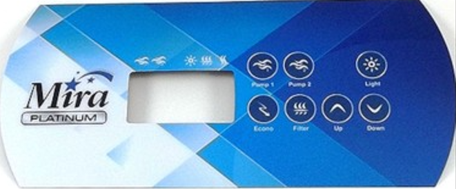 Replacement Dynasty K-85 Topside Control Overlay - 7 Button 2 Pump Mira Platinum used in with in.xe systems part 15476 with iconic Mira Platinum Logo protects the topside controller replace your worn , damaged overlay Dynasty replacement topside control overlay. Upgrade your spa or hot tub with the Dynasty K-85 Topside Control Overlay featuring the iconic Mira Platinum logo. Compatible with in.xe systems using the k-85 topside control , this replacement adds a touch of sophistication and personalization to your spa experience. But it's not just about aesthetics. The K-85 overlay serves an important function - protecting your topside controller from wear and tear. Over time, constant use and exposure to elements can cause damage to your original overlay, making it difficult to read or operate properly. With the Dynasty K-85 Topside Control Overlay, you can easily replace your worn or damaged part without having to replace the entire topside controller. This not only saves you time and money, but also ensures that your spa remains in top working condition. The overlay is designed to fit perfectly on your existing topside control, ensuring a seamless transition and hassle-free installation process. Made from high-quality materials, it can withstand daily use and exposure to water and chemicals without deteriorating. In addition to its durability, the K-85 overlay features an easy-to-read design with clear labels for each function. This makes it easier for users to navigate through the various settings and programs of their spa without any confusion. Upgrade your spa experience with the Dynasty K-85 Topside Control Overlay today. Not only will it enhance the functionality and aesthetics of your spa, but it will also provide you with peace of mind knowing that you have a reliable and durable control panel at your fingertips. Looking for other accessories to improve your spa experience? Check out our range of hot tub covers, filters, and chemicals to keep your spa clean and well-maintained. We also offer a variety of spa steps and handrails to make getting in and out of your spa safe and easy. At Western Tub and Pool we are committed to providing our customers with high-quality products that enhance their relaxation and enjoyment. Our team is dedicated to constantly innovating and improving our products, ensuring that every spa owner has the best experience possible. Upgrade your spa today!