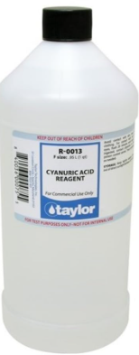 Taylor Cyanuric Acid - 32oz Bottle Cyanuric acid is a chemical compound commonly used in swimming pools and spas as a stabilizer for chlorine. It helps to slow down the degradation of chlorine by sunlight, which can lead to more efficient use of chlorine and reduced chlorine consumption. This in turn helps to save money and reduces the need for frequent recharging of chlorine in pools or spas. Cyanuric acid is a white, odorless, and tasteless powder that is highly soluble in water. How does it work? Cyanuric acid forms a protective layer over chlorine molecules, preventing them from being broken down by UV rays in sunlight. This allows the chlorine to remain in the water for longer periods of time and effectively sanitize the pool or spa. It also helps to maintain a stable pH level in the water, which is important for proper disinfection and overall water quality. The recommended level of cyanuric acid in a pool or spa is between 30-50 parts per million (ppm). Too little cyanuric acid can lead to inefficient use of chlorine, while too much can cause it to lose its effectiveness. How is it used? Cyanuric acid can be added directly to the pool or spa water, usually in granular form. It is important to follow the manufacturer's instructions and use a proper dispenser or measuring tool to add the correct amount. It is also important to regularly test the cyanuric acid levels in your pool or spa using a test kit, as excessive amounts of cyanuric acid can lead to unwanted side effects such as cloudy water and skin irritation. Benefits of using Cyanuric Acid Reagent: The use of cyanuric acid in pools and spas has several benefits, including: Reduced cost - by stabilizing the chlorine, cyanuric acid allows for more efficient use of the chemical and reduces the need for frequent recharging. Better water quality: stable levels of chlorine and pH in the water help to keep it clean and free from harmful bacteria or algae growth. Protection against UV rays: cyanuric acid acts as a protective shield for chlorine, allowing it to work longer and more effectively against harmful UV rays. Cyanuric acid is an important component in maintaining a clean and healthy swimming pool or spa. Its stabilizing properties help to ensure the efficient use of chlorine and maintain proper water balance. When used correctly and within recommended levels, it can provide significant cost savings and improve overall water quality. So next time you jump into a pool or hot tub, remember the role of cyanuric acid in keeping the water clean and safe for swimming. Ensure to always follow manufacturer's instructions and test regularly to ensure proper levels are maintained for optimal results. Happy swimming!