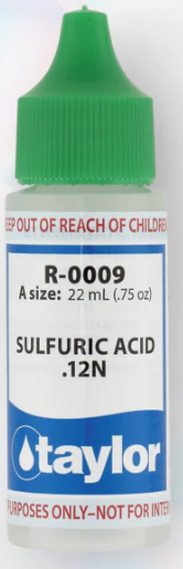 Taylor Sulfuric Acid .12N - .75oz Dropper Bottle   Maintaining pristine pool water starts with precise testing, and Taylor Sulfuric Acid 0.12N is here to deliver exceptional reliability. Specially designed for use in professional and at-home pool water testing kits, this acid is used for determining total alkalinity in acid demand tests and as an acid indicator in total alkalinity tests.  The "0.12N" or "12N" (same concentration) indicates its normality, which is a measure of its concentration in terms of reactive species (H+ ions in this case).    Usage:  Water Testing: Sulfuric acid, 0.12N, is a key reagent in pool and spa water testing kits, particularly for determining total alkalinity.   Total Alkalinity: It's used to neutralize the alkaline components in the water sample, allowing for accurate measurement of alkalinity.   Water Balance: Accurate alkalinity measurement is essential for maintaining the correct chemical balance of pool and spa water, which helps prevent corrosion of equipment.  While a diluted solution, it's still a corrosive acid and should be handled with care. Always follow the manufacturer's instructions and safety precautions. Proper storage is important for maintaining the reagent's stability. This includes storing it at a consistent temperature, away from direct sunlight and extreme temperatures, and ensuring the cap is tightly sealed to prevent air and humidity exposure.    Sulfuric acid plays a critical role in various applications, particularly in maintaining water chemistry for pools and spas. When used correctly and in appropriate amounts, it effectively lowers pH levels, ensuring the water remains balanced and safe for use. However, it is important to handle sulfuric acid with care, as it is a highly corrosive substance. Proper storage, protective equipment, and adherence to safety guidelines are essential to mitigate risks. By understanding its properties and function, users can leverage sulfuric acid as a valuable tool in water management while prioritizing safety at all times. Happy Swimming!