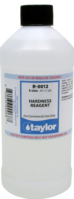 Taylor Hardness Reagent - 16oz Bottle   Hot tubs and pools are great places to spend time with your family and friends, especially during hot summer days. However, maintaining the water chemistry in these recreational areas may seem like a daunting task. To keep your pool or hot tub safe and enjoyable, it is important to regularly monitor and adjust its chemical levels.  One crucial factor to consider when testing water chemistry is hardness. Hardness refers to the amount of minerals, mainly calcium and magnesium, present in the water. These minerals can come from the source water or be introduced through chemicals and other contaminants.  High levels of hardness can cause several problems in your pool or hot tub. It can lead to scaling, which is the buildup of mineral deposits on surfaces like tiles, pumps, and filters. This not only affects the appearance of your pool or hot tub but also makes it more difficult to maintain and keep clean. Hard water can also make it harder for chlorine and other sanitizers to effectively do their job, leading to unbalanced chemical levels and potentially harmful bacteria growth.  To prevent these issues, regular testing and treatment of hardness levels is necessary. This is where a hardness reagent comes in. A hardness reagent is a solution used to determine the amount of hardness present in the water. It works by changing color when it reacts with calcium and magnesium ions, allowing you to easily measure and track the levels.  To use a hardness reagent, simply collect a sample of water and add the recommended number of drops as instructed on the bottle. Then, compare the color of the solution to a chart provided with the test kit to determine the level of hardness in your water.  If your levels are too high, you can use a water softener or other products specifically designed to reduce hardness. On the other hand, if your levels are too low, you can add calcium and magnesium-based products to increase hardness.  Maintaining proper hardness levels in your pool or hot tub is crucial for the health and longevity of your recreational area. With the help of a hardness reagent, you can easily and accurately test your water and take the necessary steps to keep it balanced. So go ahead and enjoy a worry-free swim or soak in your pool or hot tub with the help of a hardness reagent. Instead of worrying about potential issues caused by hard water, you can focus on creating fun memories with your loved ones in the comfort of your backyard oasis. So don't forget to add a hardness reagent to your pool or hot tub maintenance routine and enjoy the benefits of clean, balanced water all season long. Happy swimming! 