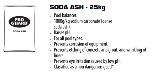 Pro Guard Soda Ash 25kg/55.1Lb Keep Your Pool Water Perfectly Balanced Pro Guard Soda Ash (Sodium Carbonate) is the ultimate solution for maintaining an optimal pH level in your pool. Designed to raise pH effectively, this product is a must-have for enhancing water quality and protecting your pool's longevity. Key Benefits: Raises pH Levels: Ensures balanced water chemistry and prevents low pH issues. Protects Equipment: Prevents corrosion of pool equipment, extending its lifespan. Prevents Surface Damage: Prevents etching of concrete and grout, keeping your pool surfaces flawless. Safe and Comfortable: Reduces eye irritation caused by low pH, ensuring a refreshing and enjoyable swim. Dependable Performance You Can Trust Pro Guard Soda Ash is easy to use and delivers outstanding results. Prevent corrosion, protect your pool equipment, and create an ideal swimming environment for everyone. Ensure the longevity, safety, and enjoyment of your pool by choosing Pro Guard Soda Ash. Its dependable quality and exceptional performance make it the ultimate solution for maintaining balanced water chemistry. Invest in Pro Guard Soda Ash today, and experience the peace of mind that comes with a perfectly maintained pool. Your pool deserves the best—Pro Guard delivers.