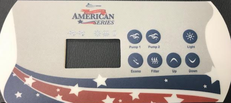 Replacement Dynasty K-85 Topside Control Overlay - 7 Button 2 Pump   With American Series logo.  used in with in.xe systems part 14231  protects the topside controller  replace your worn , damaged overlay  Dynasty replacement topside control overlay. Upgrade your spa or hot tub with the Dynasty K-85 Topside Control Overlay featuring the iconic American Series logo. Compatible with in.xe systems using the k-85 topside control , this replacement  adds a touch of sophistication and personalization to your spa experience.  But it's not just about aesthetics. The K-85 overlay serves an important function - protecting your topside controller from wear and tear. Over time, constant use and exposure to elements can cause damage to your original overlay, making it difficult to read or operate properly.  With the Dynasty K-85 Topside Control Overlay, you can easily replace your worn or damaged part without having to replace the entire topside controller. This not only saves you time and money, but also ensures that your spa remains in top working condition.  The overlay is designed to fit perfectly on your existing topside control, ensuring a seamless transition and hassle-free installation process. Made from high-quality materials, it can withstand daily use and exposure to water and chemicals without deteriorating.  In addition to its durability, the K-85 overlay features an easy-to-read design with clear labels for each function. This makes it easier for users to navigate through the various settings and programs of their spa without any confusion.  Upgrade your spa experience with the Dynasty K-85 Topside Control Overlay today. Not only will it enhance the functionality and aesthetics of your spa, but it will also provide you with peace of mind knowing that you have a reliable and durable control panel at your fingertips.  Looking for other accessories to improve your spa experience? Check out our range of hot tub covers, filters, and chemicals to keep your spa clean and well-maintained. We also offer a variety of spa steps and handrails to make getting in and out of your spa safe and easy.  At Western Tub and Pool we are committed to providing our customers with high-quality products that enhance their relaxation and enjoyment. Our team is dedicated to constantly innovating and improving our products, ensuring that every spa owner has the best experience possible. Upgrade your spa today!