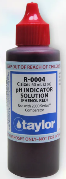 Achieve Perfect Pool Balance with Taylor pH Indicator Phenol Red!   Keeping your pool or spa water safe and sparkling has never been easier. The Taylor pH Indicator Phenol Red is an essential tool for measuring pH levels with precision. Whether you&rsquo;re testing pool water or spa water, these reliable indicators help you maintain perfectly balanced pH, ensuring clean and comfortable swimming conditions. Easy to use and highly effective, they are a must-have for pool water testing and maintenance. Don&rsquo;t leave your water quality to chance&mdash;achieve crystal-clear results with Taylor pH solutions!   To test pH using a Taylor test kit, you'll typically fill a comparator tube with 44ml of the water sample, add 5 drops of the R-0004 phenol red indicator, cap, and mix by inverting. Then, you'll match the resulting color to the color standards provided in the kit to determine the pH level.    Here's a more detailed breakdown:   1. Prepare the sample: Rinse and fill the large comparator tube (usually marked to 44ml) with the water sample you want to test.    2. Add indicator: Add 5 drops of the phenol red indicator solution (usually labeled as R-0004) to the sample in the tube.    3. Mix: Cap the tube and gently invert it several times to ensure the indicator is well mixed with the water.    4. Compare colors: Hold the comparator tube at eye level, preferably against a white background (like the included color standard card) and compare the color of the sample to the color standards provided with your test kit.    5. Record the result: Note the pH value that corresponds to the closest color match. If the color falls between two values, the pH is the average of the two.    6. Adjust if needed: If the pH is outside the desired range, you may need to adjust it by adding an acid or base demand. Consult your test kit instructions or a pool professional for specific instructions on how to adjust pH and total alkalinity.    7. Proper Storage: Store your test kit in a cool, dark place, away from direct sunlight and chemicals, to ensure accurate results and prolong the life of your reagents.    8. Best Practices: Avoid using your bare hands when handling the reagents or comparing colors. Consider using a white background or a daylight simulator for color matching.   Dive Into Crystal Clear Waters Today!   Take the guesswork out of pool care with our reliable and easy-to-use test kits. Ensure your pool stays perfectly balanced, so you can enjoy every swim worry-free. Order yours now and make every splash sparkle!