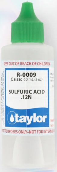 Taylor Sulfuric Acid .12N - 2oz Dropper Bottle    Maintaining pristine pool water starts with precise testing, and Taylor Sulfuric Acid 0.12N is here to deliver exceptional reliability. Specially designed for use in professional and at-home pool water testing kits, this acid is used for determining total alkalinity in acid demand tests and as an acid indicator in total alkalinity tests. The "0.12N" or "12N" (same concentration) indicates its normality, which is a measure of its concentration in terms of reactive species (H+ ions in this case).    Usage: Water Testing: Sulfuric acid, 0.12N, is a key reagent in pool and spa water testing kits, particularly for determining total alkalinity.   Total Alkalinity: It's used to neutralize the alkaline components in the water sample, allowing for accurate measurement of alkalinity.   Water Balance: Accurate alkalinity measurement is essential for maintaining the correct chemical balance of pool and spa water, which helps prevent corrosion of equipment.  While a diluted solution, it's still a corrosive acid and should be handled with care. Always follow the manufacturer's instructions and safety precautions. Proper storage is important for maintaining the reagent's stability. This includes storing it at a consistent temperature, away from direct sunlight and extreme temperatures, and ensuring the cap is tightly sealed to prevent air and humidity exposure.    Sulfuric acid plays a critical role in various applications, particularly in maintaining water chemistry for pools and spas. When used correctly and in appropriate amounts, it effectively lowers pH levels, ensuring the water remains balanced and safe for use. However, it is important to handle sulfuric acid with care, as it is a highly corrosive substance. Proper storage, protective equipment, and adherence to safety guidelines are essential to mitigate risks. By understanding its properties and function, users can leverage sulfuric acid as a valuable tool in water management while prioritizing safety at all times. Happy Swimming!