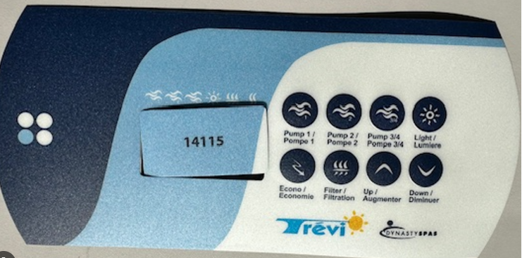 Replacement Dynasty K-85 Topside Control Overlay - 8 Button 4 Pump with Trevi Logo Used in with in.xe systems part 14115 With iconic Trevi Logo Protects the topside controller Replace your worn, damaged overlay Replacement Dynasty topside control overlay. Upgrade your spa or hot tub with the K-85 Topside Control Overlay. Compatible with in.xe systems using the k-85 topside control , this replacement part adds a touch of sophistication and personalization to your spa experience. But it's not just about aesthetics. The K-85 overlay serves an important function - protecting your topside controller from wear and tear. Over time, constant use and exposure to elements can cause damage to your original overlay, making it difficult to read or operate properly. With the Dynasty K-85 Topside Control Overlay, you can easily replace your worn or damaged part without having to replace the entire topside controller. This not only saves you time and money, but also ensures that your spa remains in top working condition. The overlay is designed to fit perfectly on your existing topside control, ensuring a seamless transition and hassle-free installation process. Made from high-quality materials, it can withstand daily use and exposure to water and chemicals without deteriorating. In addition to its durability, the K-85 overlay features an easy-to-read design with clear labels for each function. This makes it easier for users to navigate through the various settings and programs of their spa without any confusion. Upgrade your spa experience with the K-85 Topside Control Overlay today. Not only will it enhance the functionality and aesthetics of your spa, but it will also provide you with peace of mind knowing that you have a reliable and durable control panel at your fingertips. Looking for other accessories to improve your spa experience? Check out our range of hot tub covers, filters, and chemicals to keep your spa clean and well-maintained. We also offer a variety of spa steps and handrails to make getting in and out of your spa safe and easy. At Western Tub and Pool we are committed to providing our customers with high-quality products that enhance their relaxation and enjoyment. Our team is dedicated to constantly innovating and improving our products, ensuring that every spa owner has the best experience possible. Upgrade your spa today!