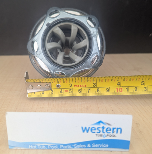 Recycled Beachcomber Large Vortex Style Snap In Jet Insert - 2011+  Britewerx accessories are known for their chrome-like finish and high resistance to tarnishing and corrosion. Use them to upgrade your spa's appearance while also benefiting from long-lasting performance. Ideal for those who prioritize aesthetics as well as durability in spa components.  This large vortex recycled replacement jet insert is designed for models manufactured from 2011 onwards. It ensures a precise fit and compatibility for users with newer spa models, providing easy upgrades or repairs without guesswork.  Unleash the luxury of personalized relaxation with a Recycled Beachcomber Britewerx large vortex Jet insert, the ultimate water jet designed for spa hydrotherapy.  Crafted with a premium chrome finish, it not only ensures long-lasting durability but also adds a touch of sophistication to your spa setup. Seamlessly blending functionality with elegance, Britewerx is the perfect addition to elevate your relaxation routine.  Non Posi lock system ( snap-in ) Britewerx style large vortex Jet 3.5" across the face For Beachcomber Hot Tub Models with non Posi lock fitting type from 2011 onwards Massage effect: Beachcomber’s large size vortex hot tub jet provides a pinpoint or targeted deep tissue massage, using a single stream of water and air mixture, cut with 6 flutes. The flutes twist the water upon exit to create turbulence and massage force, with the added beauty of Britewerx facia accent. Colour: Chrome recycled from older beachcomber hot tubs Built by waterways described as a massage jet " snap " in style While there may be minor wear and discoloration due to the product being recycled, rest assured that all our jets are in good condition with durable snap-in clips. ***Please note that the availability of this recycled part may vary based on stock. We strive to keep our inventory freshly rotated, so you can always find what you need. If this product is out of stock, please add it to your wish list to be notified when new stock arrives.   By properly maintaining your hot tub, you can ensure that it stays in top condition and provides you with a relaxing and enjoyable experience every time you use it. And by choosing recycled replacement parts, you can also do your part in promoting sustainability and reducing waste.