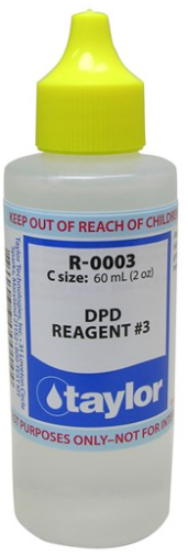 Taylor DPD Reagent #3 is a high-quality testing solution specifically designed for measuring combined chlorine levels in pool and spa water. This reagent plays a crucial role in ensuring optimal water balance, helping to maintain safe and crystal-clear water conditions. Easy to use and highly reliable, it works in conjunction with Taylor test kits to provide accurate and consistent results. Whether you&rsquo;re a residential pool owner or a professional technician, Taylor DPD Reagent #3 is an essential tool for effective pool water maintenance and testing.  Taylor DPD Reagent #3 is used in pool and spa water testing to determine total chlorine levels. After performing a free chlorine test, five drops of DPD #3 are added to the sample, mixed, and the resulting color is compared to a color chart to determine the total chlorine concentration. This value, along with the free chlorine reading, is used to calculate the combined chlorine level.   Detailed Instructions:  Start with a Free Chlorine Test: First, follow the instructions for your Taylor test kit to determine the free chlorine level in your pool or spa water.  Prepare the Sample: Use the same water sample from the free chlorine test. Fill the comparator tube to the appropriate mark (usually 9ml or 25ml).  Add DPD #3: Add five drops of Taylor DPD Reagent #3 (R-0003) to the sample.  Mix Thoroughly: Cap the tube and mix well by inverting it several times.  Compare and Record: Immediately compare the color of the solution to the color standards provided in your test kit. Record the reading as parts per million (ppm) of total chlorine (Cl2).  Calculate Combined Chlorine: Subtract the free chlorine reading from the total chlorine reading to determine the combined chlorine level (total chlorine - free chlorine = combined chlorine).  Dilution for High Readings: If the color is very dark (e.g., 5 ppm or higher), dilute the sample and repeat the test for more accurate results.  Important Notes:  Light: Conduct the color matching in natural daylight (preferably northern light) or with a daylight simulator.  Shelf Life: Reagents have a limited shelf life, so store them properly (cool, dark place) and replace them as needed.  Accuracy: Ensure accurate readings by following the instructions carefully and using fresh reagents. Test Pool Water with Confidence! Our specialized product is designed to make pool and spa water quality monitoring simple and reliable. With simple instructions and easy-to-read results, you'll ensure your pool stays crystal clear and safe for swimmers. Don't settle for uncertainty&mdash;choose a product tailored for your pool care needs. Order now and enjoy worry-free swimming all season long!