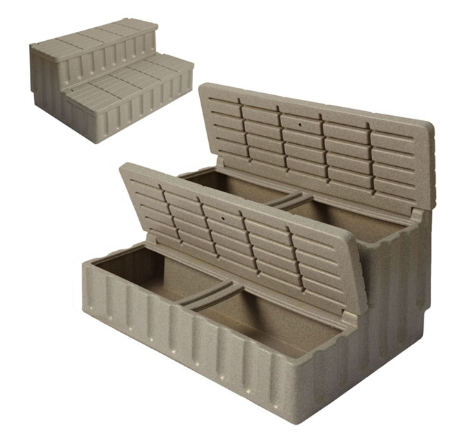 Strong Spa 2-Tier Storage Steps - Cobblestone   Transform your spa area with our premium-quality Spa Storage Steps. More than just steps, they’re designed to combine style, safety, and practicality in one sleek package. Built with durable materials to last for years, their slip-resistant surface ensures every step is safe—even with wet feet.  Featuring a hidden storage compartment, the practical 2-tier structure offers easy and safe access to your spa, as well as additional storage space for towels, spa accessories, or cleaning supplies.  Finished in a sleek Cobblestone look, the steps complement a wide range of outdoor and indoor décors, ensuring they look as good as they function. The high-quality, weather-resistant materials make these steps ideal for both outdoor and indoor environments, standing up to rain, sunlight, and regular moisture without compromising their appearance or durability.  Assembly is quick and straightforward, allowing you to set up the steps with minimal effort. For added safety, each step features a non-slip surface, providing secure footing even when wet. With their combination of style, strength, and practicality, our Spa Storage Steps are an essential accessory for elevating your relaxation experience.  Designed to complement any spa, their modern and stylish finish adds a touch of elegance to your relaxation haven.  Enhance your spa sessions today! Whether you’re looking for convenience, safety, or sophistication, these steps have you covered.