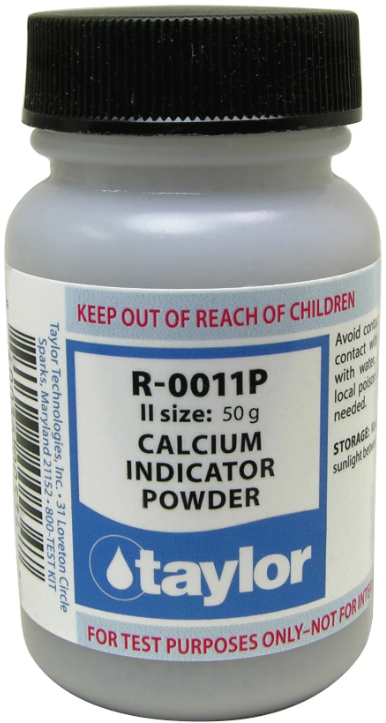 Taylor Calcium Indicator Powder - 50g Calcium buildup can be a common problem in hot tubs, especially in areas with hard water. This buildup can lead to cloudy water, scaling on the walls and surfaces of the hot tub, and even damage to your equipment. To help prevent this issue, using a calcium indicator powder is highly recommended What is Calcium Indicator Powder? Calcium Indicator Powder is a reagent used for in water testing kits to measure calcium hardness levels in hot tub water. Why is it important to test for calcium levels in hot tub water? Calcium plays a vital role in maintaining the overall health and balance of hot tub water. Low levels of calcium can lead to corrosion of the hot tub's metal components, while high levels can cause cloudy and hard water. Additionally, proper calcium levels are essential for ensuring the effectiveness of other chemicals, such as chlorine or bromine, in sanitizing the water. How to use Calcium Indicator Powder 1. Prepare the Sample: Fill the sample tube with pool water up to the designated mark (usually 25ml). 2. Add Calcium Buffer: Add the specified amount of calcium buffer solution and swirl to mix. 3. Add Indicator: Add the calcium indicator powder (e.g., one level dipper) and swirl to mix. The solution should turn red if calcium is present. 4. Titrate with Hardness Reagent: Add the hardness reagent dropwise, swirling and counting each drop. 5. Determine Endpoint: Continue adding the hardness reagent until the color changes from red to blue (or purple in some cases, which indicates a "fading endpoint" due to metal ion interference). 6. Calculate Calcium Hardness: Multiply the number of drops of hardness reagent used by the factor provided in your test kit (usually 10 or 25) to get the calcium hardness level in ppm. 7. Clean and Dispose: Rinse the sample tube with DI water or hardness-free water before the next test, and dispose of the sample water safely, preferably down the drain with running water. Tips for maintaining proper calcium levels in hot tub water 1. Test your hot tub's calcium levels regularly - It is recommended to test for calcium levels at least once a week to ensure they are within the recommended range. 2. Balance other chemicals first - Before adjusting calcium levels, make sure your hot tub's pH and alkalinity levels are balanced. This will help prevent any potential chemical reactions that can affect the accuracy of your calcium testing. 3. Use Calcium Hardness Increaser or Reducer - If your hot tub's calcium levels are too low, use a Calcium Hardness Increaser to raise them. If they are too high, use a Calcium Reducer to bring them back into the recommended range. 4. Drain and refill your hot tub - If your hot tub's calcium levels are consistently too high, it may be necessary to drain and refill the water. This will help reset the calcium levels and maintain proper balance. Maintaining proper calcium levels in hot tub water is crucial for both the longevity and enjoyment of your hot tub. Regular testing with Calcium Indicator Powder and taking appropriate actions to adjust levels as needed will ensure a clean and healthy hot tub experience. So, it is essential to include this solution in your regular hot tub maintenance routine. Happy soaking!