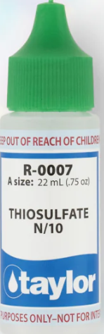 Taylor Thiosulfate N/10 Reagent -.75oz Dropper   When it comes to maintaining a clean and inviting pool, having the right water chemistry is essential. This not only ensures safe swimming conditions for you and your loved ones, but also helps protect the longevity of your pool equipment. Achieve crystal-clear pool water effortlessly with Taylor Thiosulfate N/10, the premium choice for maintaining perfect water chemistry. Thiosulfate N/10 is a reagent commonly used in the hot tub and pool industry to neutralize chlorine and test total alkalinity. Specifically, it's a solution of sodium thiosulfate at a concentration of N/10, meaning it has one-tenth the strength of a normal solution. It's a crucial component of pool water testing and helps maintain proper water chemistry.    Like all reagents, it has a shelf life and should be stored properly to maintain its effectiveness. Recommended to store at a consistent temperature (36°–85°F or 2°–29°C), away from direct sunlight and contaminants.    Thiosulfate N/10 reagent is an essential chemical for maintaining proper levels of chlorine in your hot tub water. It helps prevent over-chlorination, which can lead to unpleasant odors, skin and eye irritation, and damage to your hot tub equipment. Along with other commonly used hot tub chemicals, Thiosulfate N/10 reagent can help keep your hot tub water clean, safe, and enjoyable for all users. Remember to always follow instructions and regularly test the levels of your hot tub water to ensure a relaxing and hygienic experience. Happy soaking!