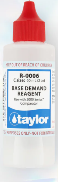 Taylor Base Demand Reagent (for 2000 Series) - 2oz Dropper Bottle  A base demand reagent is a chemical solution used in pool and spa water testing to determine the amount of base (like sodium carbonate) is needed to adjust the pH to a desired level. It's a key component in Taylor pool water testing kits, helping to ensure water balance and prevent issues like corrosion or etching. The reagent is typically used in conjunction with a pH indicator, like Taylor R-0004, to precisely calculate the necessary base dosage.  Here's a more detailed explanation:  Purpose: Base demand reagents are used when the pH of pool or spa water is low (acidic) and needs to be raised.   How it works: The reagent is added drop-by-drop to a water sample until a specific color change occurs in the pH indicator solution. The number of drops indicates the base demand, which is then used to calculate the amount of base chemical to add to the pool.   Importance: Properly balanced pH is essential for swimmer comfort and preventing damage to pool surfaces and equipment.   Storage: Reagents should be stored properly to maintain their effectiveness. This includes keeping them in a cool, dry place, away from direct sunlight and extreme temperatures.   Why Wait? Make a Splash with Confidence!  With our reliable testing solutions, keeping your pool perfectly balanced has never been easier. Say goodbye to guesswork and hello to crystal-clear water that&rsquo;s inviting, comfortable, and safe for everyone. Grab your test kit today and ensure your pool stays the life of the party all season long. Happy swimming!