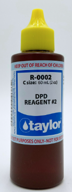 Taylor DPD Reagent #2, 2 oz, Dropper Bottle The DPD Reagent #2 is used in pool and spa water testing to measure the levels of free chlorine present. This reagent is an essential component of the DPD test, which is commonly used in both residential and commercial pools and spas. What is DPD Reagent #2? DPD Reagent #2 also known as “Free Chlorine Indicator”, is a chemical solution used in the testing of pool and spa water. This reagent contains diethyl-p-phenylenediamine and other chemical compounds that react with free chlorine in the water to produce a color change. How does it work? DPD Reagent #2 is used in conjunction with DPD Reagent #1, also known as “Free Chlorine Titrant”. When these two reagents are combined, they create a reaction that produces a pink color. The intensity of the color is proportional to the amount of free chlorine present in the water. This makes it easy for pool and spa owners to measure and monitor their levels of free chlorine. Why is DPD Reagent #2 important? Chlorine is commonly used as a disinfectant in pools and spas to kill harmful bacteria and algae. However, too much chlorine can cause skin and eye irritation, while too little chlorine can lead to unsafe swimming conditions. DPD Reagent #1 is crucial in determining the correct amount of free chlorine in the water, ensuring a safe and enjoyable swimming experience for all. How to use DPD Reagent #2 Begin by filling a test vial with pool or spa water to the designated line. Add 5 drops of DPD Reagent #1 to the test vial. Swirl the test vial to mix in the reagent with the water. Next, add 5 drops of DPD Reagent #2 to the test vial and swirl again. Allow the color to develop for about 30 seconds. Compare the color of the water to a color chart provided with the reagent kit. The intensity of the pink color will indicate the level of free chlorine in parts per million (ppm). Record and monitor your free chlorine levels, making adjustments as needed. Tips for using DPD Reagent #2 Ensure that the dropper bottle and test vial are clean before use to avoid contamination. Store the reagent in a cool, dry place away from direct sunlight. Exposure to heat and light can alter its effectiveness. Follow the instructions carefully for accurate results The DPD Reagent #2 is an essential tool for maintaining safe and healthy swimming conditions in pools and spas. It allows pool owners to accurately measure their free chlorine levels and make necessary adjustments for optimal water quality. When used properly, DPD Reagent #2 can help ensure a clean and enjoyable swimming experience for all. Remember to always follow safety precautions when handling and storing pool chemicals. By regularly testing and monitoring your water with DPD Reagent #2, you can maintain a well-balanced pool or spa that everyone can enjoy.