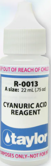 Taylor Cyanuric Acid Reagent - .75oz - Dispenser Tip  Cyanuric acid is a chemical compound commonly used in swimming pools and spas as a stabilizer for chlorine. It helps to slow down the degradation of chlorine by sunlight, which can lead to more efficient use of chlorine and reduced chlorine consumption. This in turn helps to save money and reduces the need for frequent recharging of chlorine in pools or spas. Cyanuric acid is a white, odorless, and tasteless powder that is highly soluble in water.   How does it work?  Cyanuric acid forms a protective layer over chlorine molecules, preventing them from being broken down by UV rays in sunlight. This allows the chlorine to remain in the water for longer periods of time and effectively sanitize the pool or spa. It also helps to maintain a stable pH level in the water, which is important for proper disinfection and overall water quality. The recommended level of cyanuric acid in a pool or spa is between 30-50 parts per million (ppm). Too little cyanuric acid can lead to inefficient use of chlorine, while too much can cause it to lose its effectiveness. How is it used?  Cyanuric acid can be added directly to the pool or spa water, usually in granular form. It is important to follow the manufacturer's instructions and use a proper dispenser or measuring tool to add the correct amount. It is also important to regularly test the cyanuric acid levels in your pool or spa using a test kit, as excessive amounts of cyanuric acid can lead to unwanted side effects such as cloudy water and skin irritation. Benefits of using Cyanuric Acid Reagent  The use of cyanuric acid in pools and spas has several benefits, including:  Reduced cost - by stabilizing the chlorine, cyanuric acid allows for more efficient use of the chemical and reduces the need for frequent recharging. Better water quality: stable levels of chlorine and pH in the water help to keep it clean and free from harmful bacteria or algae growth. Protection against UV rays: cyanuric acid acts as a protective shield for chlorine, allowing it to work longer and more effectively against harmful UV rays.   Cyanuric acid is an important component in maintaining a clean and healthy swimming pool or spa. Its stabilizing properties help to ensure the efficient use of chlorine and maintain proper water balance. When used correctly and within recommended levels, it can provide significant cost savings and improve overall water quality. So next time you jump into a pool or hot tub, remember the role of cyanuric acid in keeping the water clean and safe for swimming. Ensure to always follow manufacturer's instructions and test regularly to ensure proper levels are maintained for optimal results. Happy swimming!