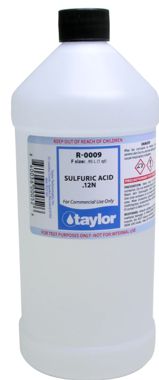Taylor Sulfuric Acid .12N - 32oz Bottle Maintaining pristine pool water starts with precise testing, and Taylor Sulfuric Acid 0.12N is here to deliver exceptional reliability. Specially designed for use in professional and at-home pool water testing kits, this acid is used for determining total alkalinity in acid demand tests and as an acid indicator in total alkalinity tests. The "0.12N" or "12N" (same concentration) indicates its normality, which is a measure of its concentration in terms of reactive species (H+ ions in this case). Usage: Water Testing: Sulfuric acid, 0.12N, is a key reagent in pool and spa water testing kits, particularly for determining total alkalinity. Total Alkalinity: It's used to neutralize the alkaline components in the water sample, allowing for accurate measurement of alkalinity. Water Balance: Accurate alkalinity measurement is essential for maintaining the correct chemical balance of pool and spa water, which helps prevent corrosion of equipment. While a diluted solution, it's still a corrosive acid and should be handled with care. Always follow the manufacturer's instructions and safety precautions. Proper storage is important for maintaining the reagent's stability. This includes storing it at a consistent temperature, away from direct sunlight and extreme temperatures, and ensuring the cap is tightly sealed to prevent air and humidity exposure. Sulfuric acid plays a critical role in various applications, particularly in maintaining water chemistry for pools and spas. When used correctly and in appropriate amounts, it effectively lowers pH levels, ensuring the water remains balanced and safe for use. However, it is important to handle sulfuric acid with care, as it is a highly corrosive substance. Proper storage, protective equipment, and adherence to safety guidelines are essential to mitigate risks. By understanding its properties and function, users can leverage sulfuric acid as a valuable tool in water management while prioritizing safety at all times. Happy Swimming!