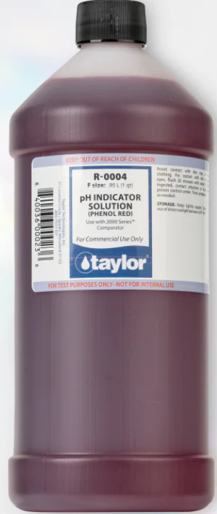 PH Indicator Solution (2000 Series), Phenol Red, 1 Qt Bottle Achieve Perfect Pool Balance with Taylor pH Indicator Phenol Red! Keeping your pool or spa water safe and sparkling has never been easier. The Taylor pH Indicator Phenol Red is an essential tool for measuring pH levels with precision. Whether you’re testing pool water or spa water, these reliable indicators help you maintain perfectly balanced pH, ensuring clean and comfortable swimming conditions. Easy to use and highly effective, they are a must-have for pool water testing and maintenance. Don’t leave your water quality to chance—achieve crystal-clear results with Taylor pH solutions! To test pH using a Taylor test kit, you'll typically fill a comparator tube with 44ml of the water sample, add 5 drops of the R-0004 phenol red indicator, cap, and mix by inverting. Then, you'll match the resulting color to the color standards provided in the kit to determine the pH level. Here's a more detailed breakdown: 1. Prepare the sample: Rinse and fill the large comparator tube (usually marked to 44ml) with the water sample you want to test. 2. Add indicator: Add 5 drops of the phenol red indicator solution (usually labeled as R-0004) to the sample in the tube. 3. Mix: Cap the tube and gently invert it several times to ensure the indicator is well mixed with the water. 4. Compare colors: Hold the comparator tube at eye level, preferably against a white background (like the included color standard card) and compare the color of the sample to the color standards provided with your test kit. 5. Record the result: Note the pH value that corresponds to the closest color match. If the color falls between two values, the pH is the average of the two. 6. Adjust if needed: If the pH is outside the desired range, you may need to adjust it by adding an acid or base demand. Consult your test kit instructions or a pool professional for specific instructions on how to adjust pH and total alkalinity. 7. Proper Storage: Store your test kit in a cool, dark place, away from direct sunlight and chemicals, to ensure accurate results and prolong the life of your reagents. 8. Best Practices: Avoid using your bare hands when handling the reagents or comparing colors. Consider using a white background or a daylight simulator for color matching. Dive Into Crystal Clear Waters Today! Take the guesswork out of pool care with our reliable and easy-to-use test kits. Ensure your pool stays perfectly balanced, so you can enjoy every swim worry-free. Order yours now and make every splash sparkle!