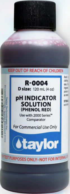 PH Indicator Solution (2000 Series), Phenol Red, 4oz Dropper Bottle    Achieve Perfect Pool Balance with Taylor pH Indicator Phenol Red!  Keeping your pool or spa water safe and sparkling has never been easier. The Taylor pH Indicator Phenol Red is an essential tool for measuring pH levels with precision. Whether you&rsquo;re testing pool water or spa water, these reliable indicators help you maintain perfectly balanced pH, ensuring clean and comfortable swimming conditions. Easy to use and highly effective, they are a must-have for pool water testing and maintenance. Don&rsquo;t leave your water quality to chance&mdash;achieve crystal-clear results with Taylor pH solutions!  To test pH using a Taylor test kit, you'll typically fill a comparator tube with 44ml of the water sample, add 5 drops of the R-0004 phenol red indicator, cap, and mix by inverting. Then, you'll match the resulting color to the color standards provided in the kit to determine the pH level.   Here's a more detailed breakdown:  1. Prepare the sample: Rinse and fill the large comparator tube (usually marked to 44ml) with the water sample you want to test.   2. Add indicator: Add 5 drops of the phenol red indicator solution (usually labeled as R-0004) to the sample in the tube.   3. Mix: Cap the tube and gently invert it several times to ensure the indicator is well mixed with the water.   4. Compare colors: Hold the comparator tube at eye level, preferably against a white background (like the included color standard card) and compare the color of the sample to the color standards provided with your test kit.  5. Record the result: Note the pH value that corresponds to the closest color match. If the color falls between two values, the pH is the average of the two.   6. Adjust if needed: If the pH is outside the desired range, you may need to adjust it by adding an acid or base demand. Consult your test kit instructions or a pool professional for specific instructions on how to adjust pH and total alkalinity.  7. Proper Storage: Store your test kit in a cool, dark place, away from direct sunlight and chemicals, to ensure accurate results and prolong the life of your reagents.   8. Best Practices: Avoid using your bare hands when handling the reagents or comparing colors. Consider using a white background or a daylight simulator for color matching.     Dive Into Crystal Clear Waters Today!  Take the guesswork out of pool care with our reliable and easy-to-use test kits. Ensure your pool stays perfectly balanced, so you can enjoy every swim worry-free. Order yours now and make every splash sparkle!