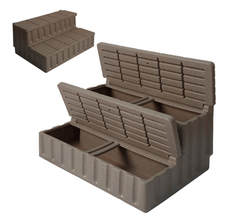 Strong Spa 2-Tier Storage Steps - Millstone   Transform your spa area with our premium-quality Spa Storage Steps. More than just steps, they’re designed to combine style, safety, and practicality in one sleek package. Built with durable materials to last for years, their slip-resistant surface ensures every step is safe—even with wet feet.  Featuring a hidden storage compartment, the practical 2-tier structure offers easy and safe access to your spa, as well as additional storage space for towels, spa accessories, or cleaning supplies.  Finished in a sleek Millstone look, the steps complement a wide range of outdoor and indoor décors, ensuring they look as good as they function. The high-quality, weather-resistant materials make these steps ideal for both outdoor and indoor environments, standing up to rain, sunlight, and regular moisture without compromising their appearance or durability.  Assembly is quick and straightforward, allowing you to set up the steps with minimal effort. For added safety, each step features a non-slip surface, providing secure footing even when wet. With their combination of style, strength, and practicality, our Spa Storage Steps are an essential accessory for elevating your relaxation experience.  Designed to complement any spa, their modern and stylish finish adds a touch of elegance to your relaxation haven.  Enhance your spa sessions today! Whether you’re looking for convenience, safety, or sophistication, these steps have you covered.