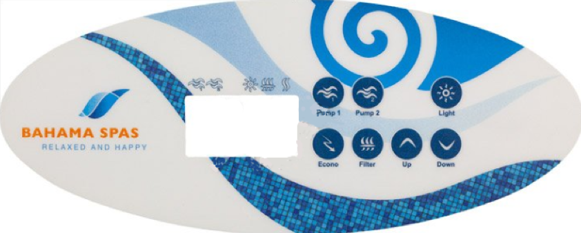 Replacement Dynasty K-52 topside control overlay - 7 Button 2 Pump   With Bahama Spas Logo  Used in with in.xe systems part 12462  Protects the topside controller  Replace your worn , damaged overlay  Replacement topside control overlay. Upgrade your spa or hot tub with the K-52 Topside Control Overlay featuring the iconic Bahama Spas logo. Compatible with in.xe systems part 12462 using the k-52 topside control , this replacement part adds a touch of sophistication and personalization to your spa experience.  But it's not just about aesthetics. The K-52 overlay serves an important function - protecting your topside controller from wear and tear. Over time, constant use and exposure to elements can cause damage to your original overlay, making it difficult to read or operate properly.  With the K-52 Topside Control Overlay, you can easily replace your worn or damaged part without having to replace the entire topside controller. This not only saves you time and money, but also ensures that your spa remains in top working condition.  The overlay is designed to fit perfectly on your existing topside control, ensuring a seamless transition and hassle-free installation process. Made from high-quality materials, it can withstand daily use and exposure to water and chemicals without deteriorating.  In addition to its durability, the K-52 overlay features an easy-to-read design with clear labels for each function. This makes it easier for users to navigate through the various settings and programs of their spa without any confusion.  Upgrade your spa experience with the K-52 Topside Control Overlay today. Not only will it enhance the functionality and aesthetics of your spa, but it will also provide you with peace of mind knowing that you have a reliable and durable control panel at your fingertips.  Looking for other accessories to improve your spa experience? Check out our range of hot tub covers, filters, and chemicals to keep your spa clean and well-maintained. We also offer a variety of spa steps and handrails to make getting in and out of your spa safe and easy.  At Western Tub and Pool we are committed to providing our customers with high-quality products that enhance their relaxation and enjoyment. Our team is dedicated to constantly innovating and improving our products, ensuring that every spa owner has the best experience possible. Upgrade your spa today!