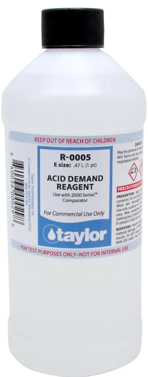 Acid Demand Reagent (for 2000 Series), 16oz Bottle The Acid Demand Reagent (ADR) is an essential component in the water testing process for pools and spas. It is specifically designed to work with the 2000 Series test kits, providing accurate results for monitoring and maintaining proper water chemistry. The main purpose of the Acid Demand Reagent is to determine the amount of acid needed to lower the pH level in pool or spa water. It works by measuring the alkalinity and calcium hardness levels, which directly affect the pH level. Once these levels are determined, the ADR will indicate how much acid should be added to bring the pH level into a safe and balanced range. Why Use ADR with 2000 Series Test Kits? The 2000 Series test kits are specifically designed to work with the Acid Demand Reagent, ensuring accurate and reliable results every time. These test kits utilize a titration process, which involves adding the reagent drop by drop until a color change occurs. This method allows for precise measurements and eliminates any guesswork or inconsistencies. Additionally, the ADR is formulated to work with the specific reagents used in the 2000 Series test kits, providing a seamless and efficient testing process. How to Use Acid Demand Reagent: Begin by filling the test vial with pool or spa water up to the designated line. Add the appropriate reagents according to the instructions for the specific test being conducted. Add drops of ADR until the color changes, indicating the endpoint has been reached. Count each drop carefully and record the number of drops used. Refer to the chart included in the 2000 Series test kit to determine how much acid is needed based on the number of drops used. **Add the appropriate amount of acid to bring the pH level into the recommended range. Retest the water to ensure the desired pH level has been reached. Record and track all test results for future reference and maintenance purposes. To maintain accuracy, it is important to properly store and handle the Acid Demand Reagent. The bottle should be tightly sealed when not in use, and stored in a cool, dry place away from direct sunlight or extreme temperatures. The Acid Demand Reagent is an essential tool for maintaining proper water chemistry in pools and spas. It works in conjunction with the 2000 Series test kits to provide accurate and reliable results, ensuring a safe and enjoyable swimming experience for all. With proper storage and handling, the ADR will continue to be a valuable asset in monitoring and maintaining your pool or spa's pH levels. Keep your water balanced and healthy with the help of the Acid Demand Reagent.