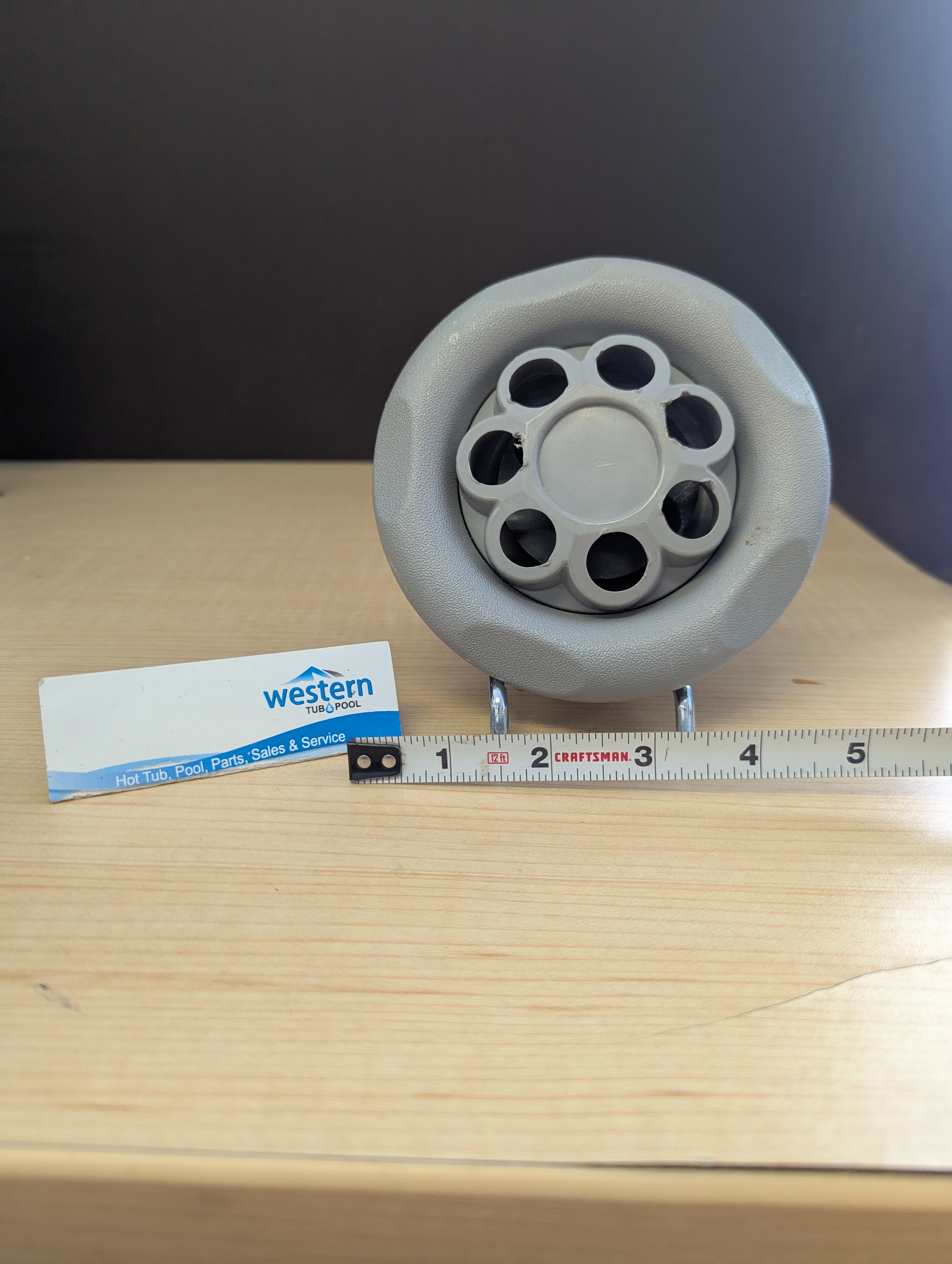 rc2297748.jpg Recycled Waterway Power Storm Grey 5 Scallop Style Clip In Massage Jet Insert The Replacement Grey 5 Scallop Style massage jet insert by Waterway is a high-performance water jet designed to provide powerful hydrotherapy massage in your spa. Waterway's extra large size massage jet offers seven separate jets. This full body massage jetting system is enhanced by a rotating centrifuge that distributes the water through the 7 jet holes to provide a vigorous massage. Unleash the luxury of personalized relaxation with a Waterways Grey 5 Scallop Power Storm massage Jet insert with a 5" face, the ultimate water jet designed for spa hydrotherapy. Featuring seven separate jets, this jet allows you to customize the water pressure and direction to target those areas that need it most. Crafted with a sleek grey 5 scallop style finish, it not only ensures long-lasting durability but also adds a touch of sophistication to your spa setup. Seamlessly blending functionality with elegance, this jet is the perfect addition to elevate your relaxation routine. recycled from older hot tubs Built by waterways described as a massage jet " snap " in style While there may be minor wear and discoloration due to the product being recycled, rest assured that all our jets are in good condition with durable snap-in clips. ***Please note that the availability of this recycled part may vary based on stock. We strive to keep our inventory freshly rotated, so you can always find what you need. If this product is out of stock, please add it to your wish list to be notified when new stock arrives. By properly maintaining your hot tub, you can ensure that it stays in top condition and provides you with a relaxing and enjoyable experience every time you use it. And by choosing recycled replacement parts, you can also do your part in promoting sustainability and reducing waste. Don't let a broken jet interrupt your relaxation. Order your recycled Waterway replacement jet today and restore your hot tub to its full potential. Experience comfort, control, and style like never before! Call us today: 1-855-248-0777