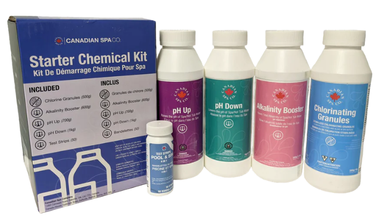 Crystal Clear Hot Tub Water Starts Here Maintain your hot tub effortlessly with the Canadian Spa Company Starter Chemical Kit. Get everything you need for a safe, clean, and inviting soak in one convenient package. [Shop and order at Western tub and pool]  Everything you need for perfect water care The Canadian Spa Company Starter Chemical Kit takes the guesswork out of spa maintenance. Whether you are new to hot tubs or just looking for a simple refresher to keep your water crystal clear, this kit delivers complete water care for your comfort and safety.  Complete chemical collection Each kit (weighing approximately 7.5 lbs) includes:  Chlorine Granules (800g): Kills harmful bacteria. Suitable for manual daily dosing. Foam Free (800ml): Quickly breaks down bio-oils and impurities to eliminate and prevent foaming. pH Up (1kg): Increases pH when levels drop below 7.2 to maintain an ideal chemical balance. pH Down (1kg): Reduces pH when levels rise above 8.0 to protect your equipment. Test Strips (50 pack): Easily check Chlorine, pH, and Alkalinity levels before every use. How to use your starter kit 1. Test your water Simply dip one of the included test strips into your spa water and compare it to the color chart to read your pH, Alkalinity, and Chlorine levels.  2. Balance the pH Ensure your pH is between 7.2 and 7.6. Use the included pH Up or pH Down to adjust the water balance accordingly.  3. Sanitize and clarify Add the Chlorine Granules to safely sanitize the water, and use a small dose of Foam Free to break down unwanted surface impurities.  Frequently asked questions What if I need help finding a specific hot tub part? If you are looking for hard to find product part assistance, send us an email to fixmytub@gmail.com. We are happy to help you locate exactly what you need for your spa.  How do I know if a part is compatible with my hot tub? Check your part number if known, or send us pictures, the make and model of the hot tub, and the serial number. We will verify the compatibility and find the right replacement controls or components for you.  How can I order this kit or other replacement parts? You can check our online catalogue, call us directly at 1-855-248-0777, or email us at fixmytub@gmail.com for assistance with replacement hot tub repair parts and products.  Get your spa ready for relaxation Don't let cloudy water keep you from enjoying your hot tub. Order your starter kit or reach out to our experts today for customized repair assistance. [Shop and order at Western tub and pool]