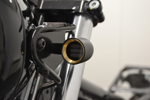 Black with Gold Bezel Mini LED Motorbike Indicators - CNC Aluminium - PAIR