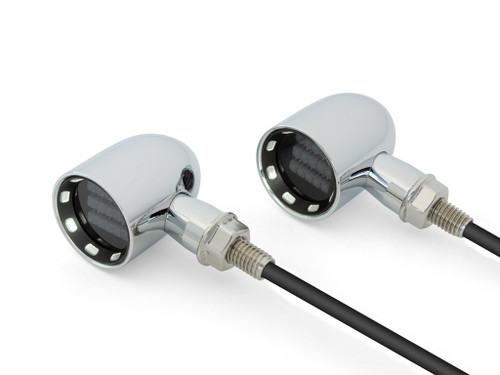 Chrome Mini LED Motorbike Indicators - CNC Aluminium with Black Bezel featuring Polished Inserts - PAIR
