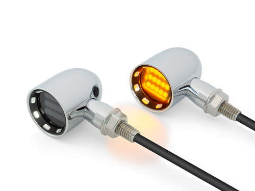 Chrome Mini LED Motorbike Indicators - CNC Aluminium with Black Bezel featuring Polished Inserts - PAIR