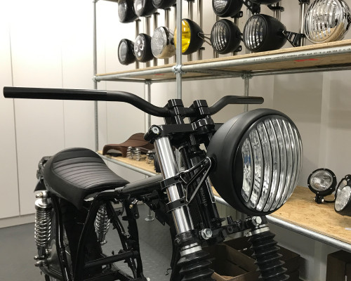 Motorbike 7.7" Headlight with Contrast Cut Prison Grill - 55W for Custom Retro Project