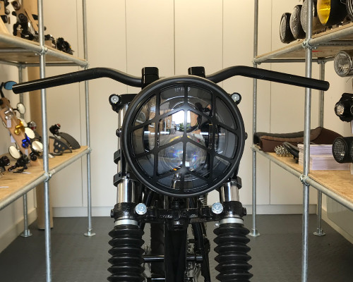 Motorbike Headlight LED 7.7" with Diagonal Grill - Retro Cafe Racer & Scrambler
