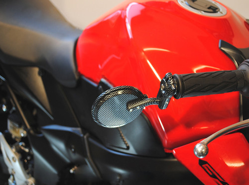 Pair of Carbon Fibre Pattern Round Bar End Motorcycle Motorbike Mirrors