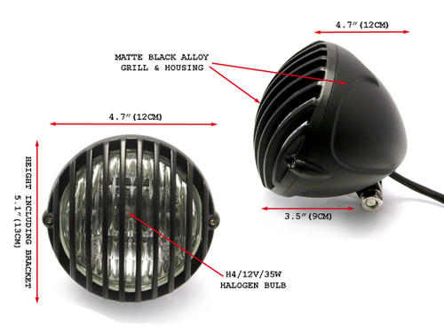 4 1/2" 12V 35W Matt Black Alloy Retro Vintage Grill Headlight Motorcycle Motorbike