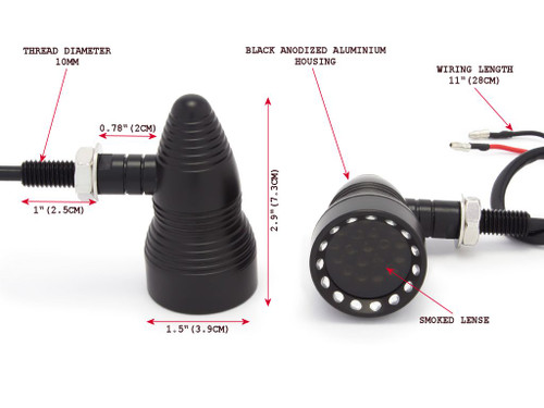 Matt Black Cone Shaped Aluminium Retro Vintage LED Indicators / Turn Signals with Smoked Lense
