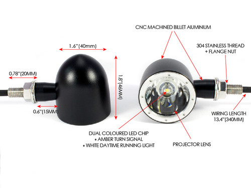 Black with polished Bezel CNC Billet Ally Integrated LED Motorbike Driving Lights DRL and Indicators