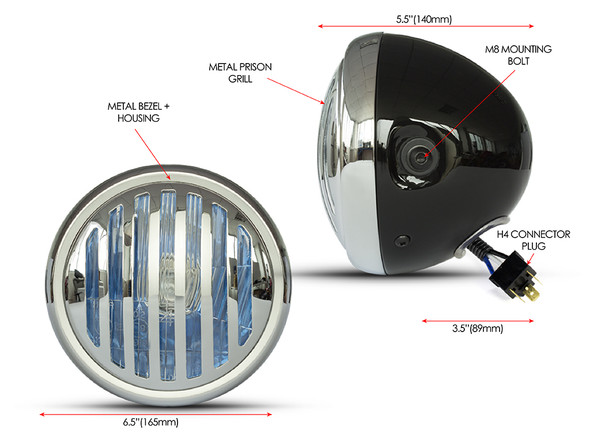 Motorbike Headlight 6.5" Black with Chrome Prison Grill Retro Scrambler Project
