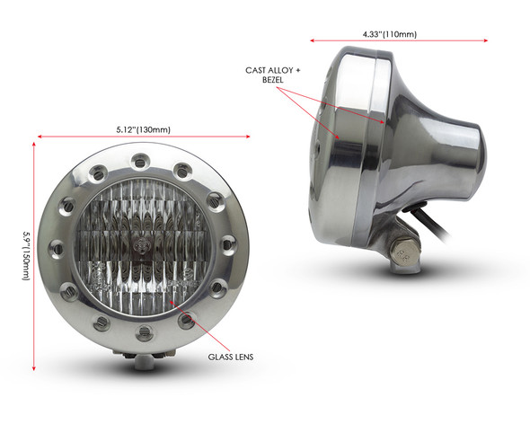 Motorbike 5" Headlight  12V 55W - Polished Alloy with Drilled Bezel for Custom Retro Vintage Style Project Bike