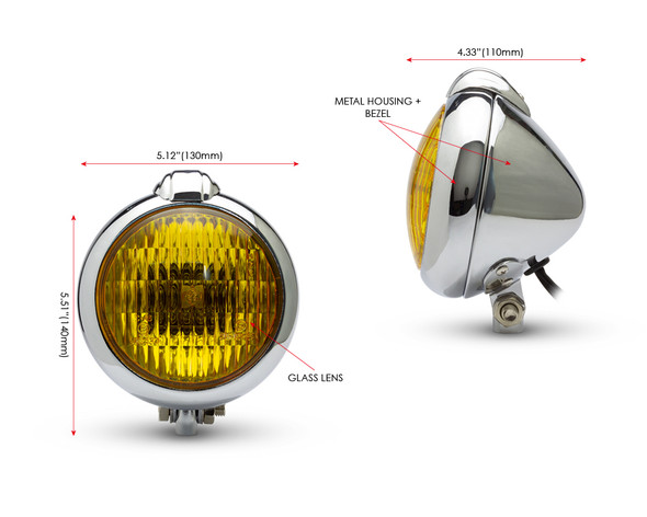 Motorbike Headlight Classic Custom Chrome - Yellow Lens - for Bobber Chopper Scrambler Cafe Racer - 12V 35W