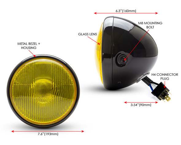 7.7" Motorbike Headlight - Gloss Black with Yellow Lens for Scramblers & Cafe Racers