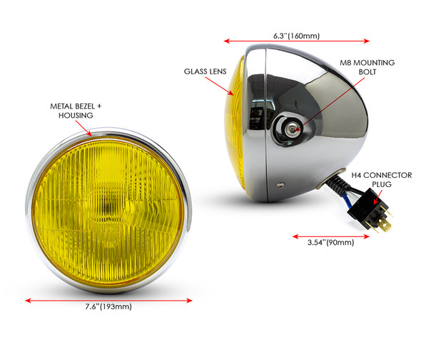 7.7" Motorbike Headlight - Chrome with Yellow Lens for Scramblers & Cafe Racers