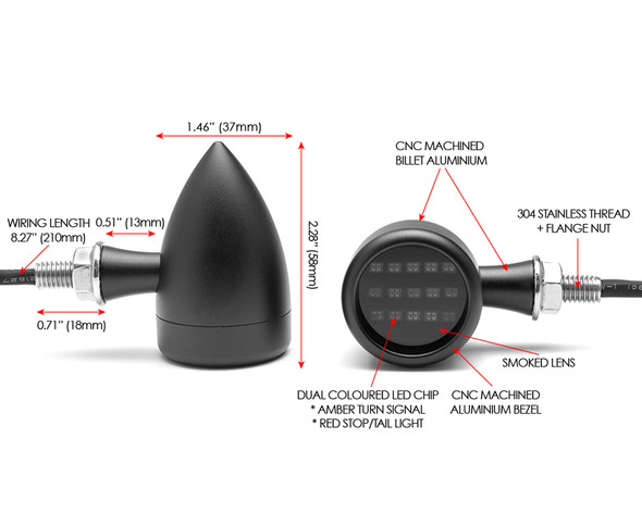 Motorbike Rear LED Indicators with Stoplight and Taillight - Integrated Bullet Style - CNC Billet Aluminium