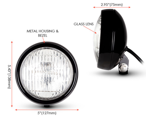 5" Motorcycle Shallow Headlight 12V 55W in Gloss Black for Project Custom Bike