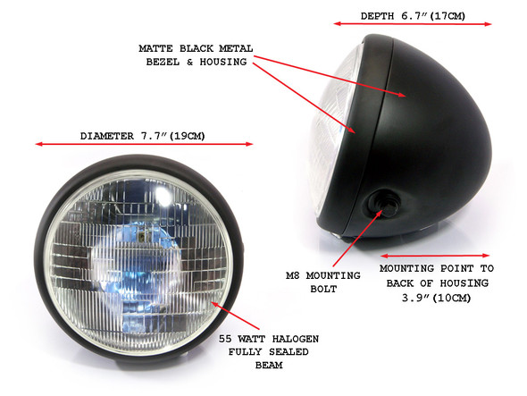 Motorcycle Headlight 7.7" Matt Black Steel 12V 55W for Custom Project