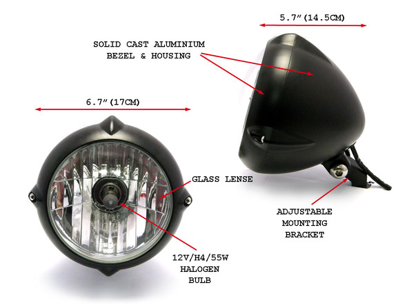 6.7" 12V / 55W Matt Black Bottom Mount Motorbike Trike Headlight