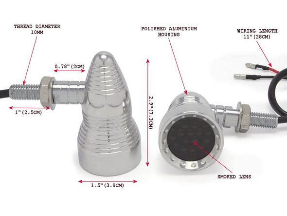 Polished Cone Shaped Aluminium Retro Vintage LED Indicators / Turn Signals with Smoked Lense