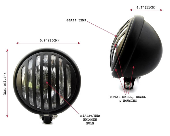 5.75" Black Grill Custom Cafe Racer Scrambler Motorbike Motorcycle Headlight