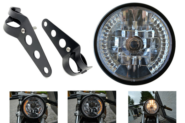 7 inch 12V 35W Motorbike Custom Headlight with Built In LED Indicators & Fork Brackets