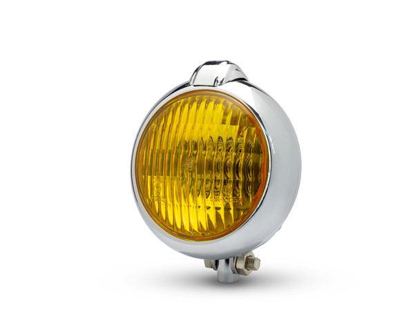 Motorbike Headlight Classic Custom Chrome - Yellow Lens - for Bobber Chopper Scrambler Cafe Racer - 12V 35W