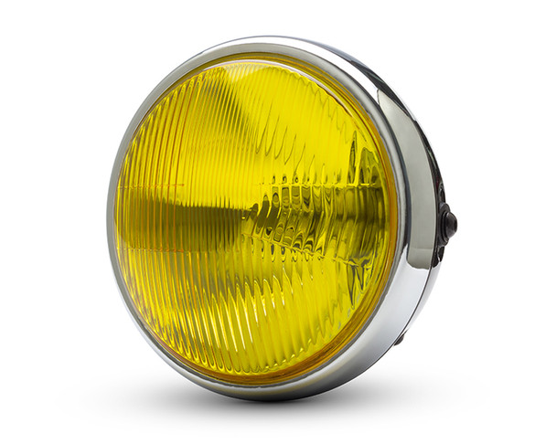 7.7" Motorbike Headlight - Gloss Black with Chrome Bezel & Yellow Lens for Scramblers & Cafe Racers